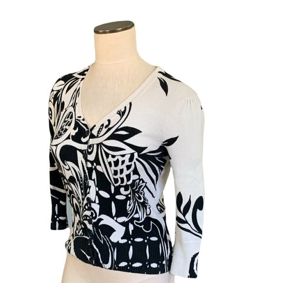 Nicole Miller Mod Button Front V-Neck Cardigan Sweater S Black & White #199H - Picture 4 of 6